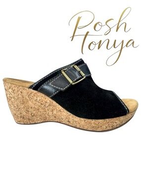 Clarks Harwich Keel Black Suede Platform Cork Wedge Sandals Size 9 Boho Comfort